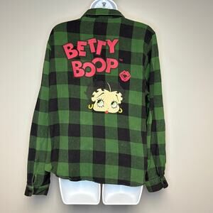 Betty Boop Green Black Buffalo Plaid Flannel Grunge Classic Cartoon Womens Sz XL